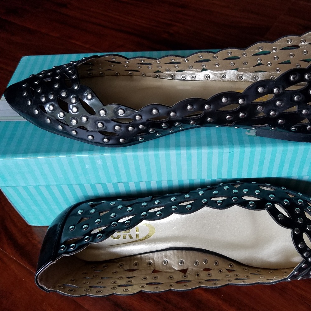 Black patent leather studded flats, women's 6
